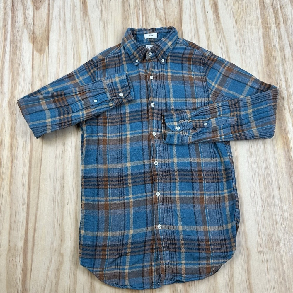J.Crew Mens XS Slim Fit Blue Brown Plaid Flannel Long Sleeve Button Up Shirt